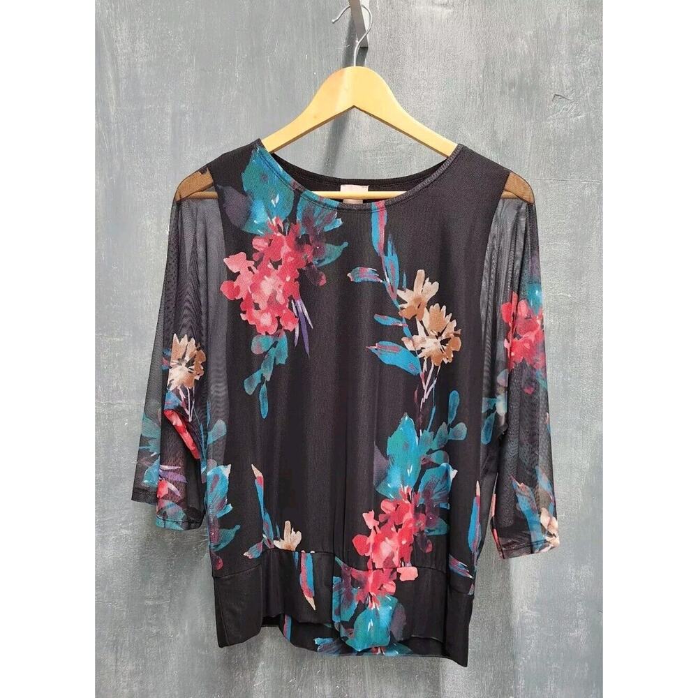 Chicos Black Floral Mesh Top 3/4 Dolman Sleeve Size 1 Medium